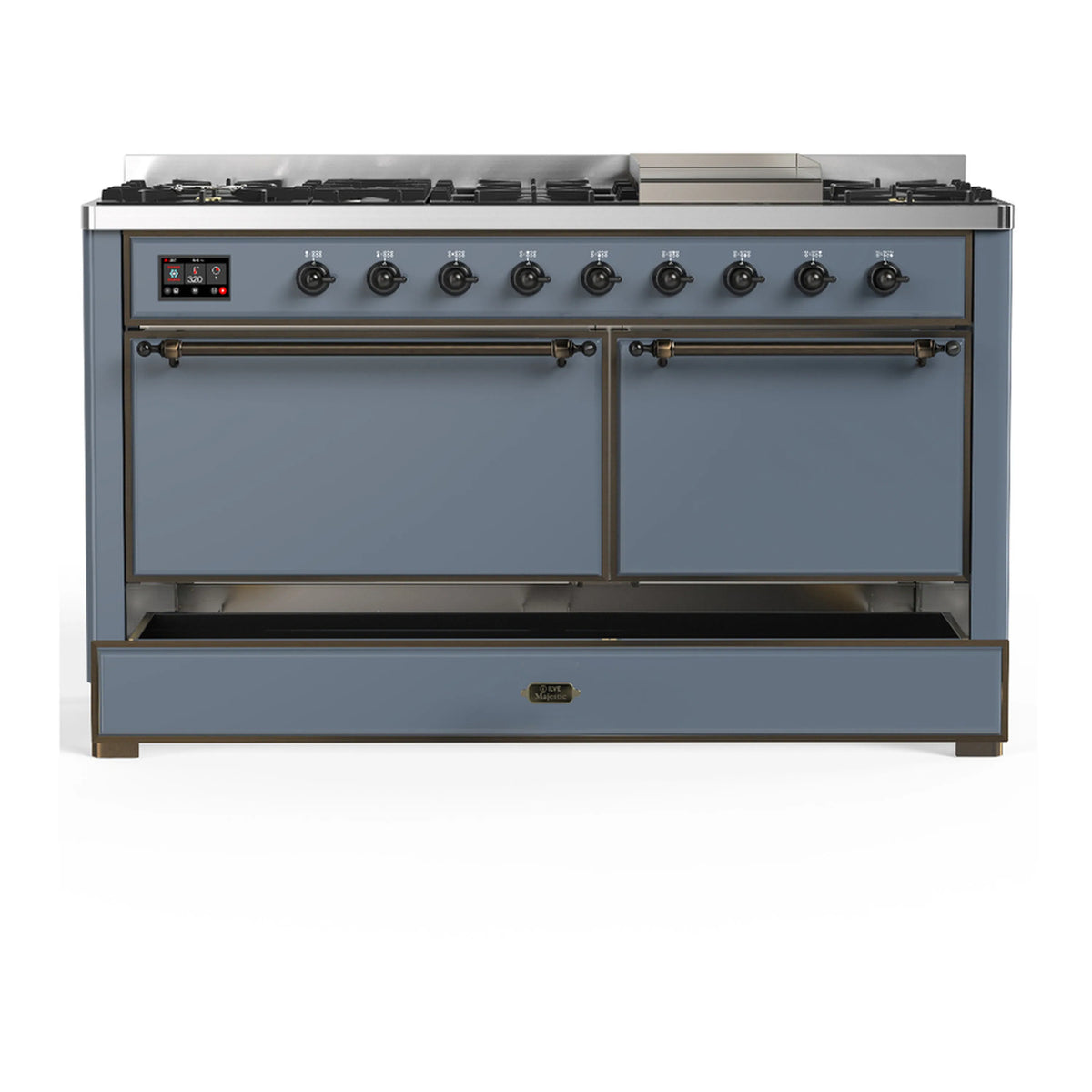 Blue grey dual fuel range with both doors closed and storage drawer front
