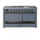 ILVE Majestic III 60-inch Dual Fuel Range with 7 Natural Gas Burner, Griddle and Solid Door Electric Oven in Blue Grey with Burnished Trim (UM60FQNR3BGB)