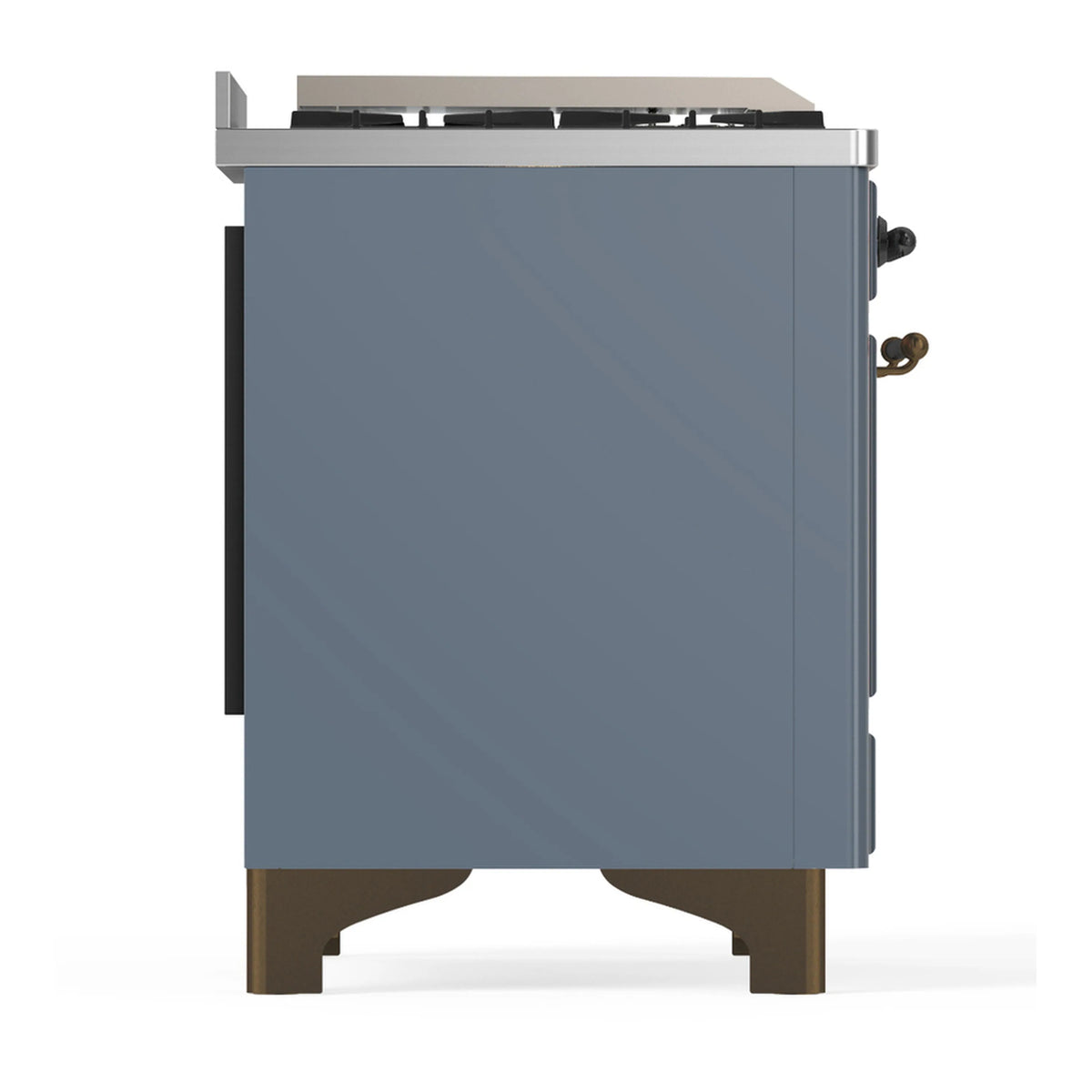 Blue grey dual fuel range side view with handles and control area