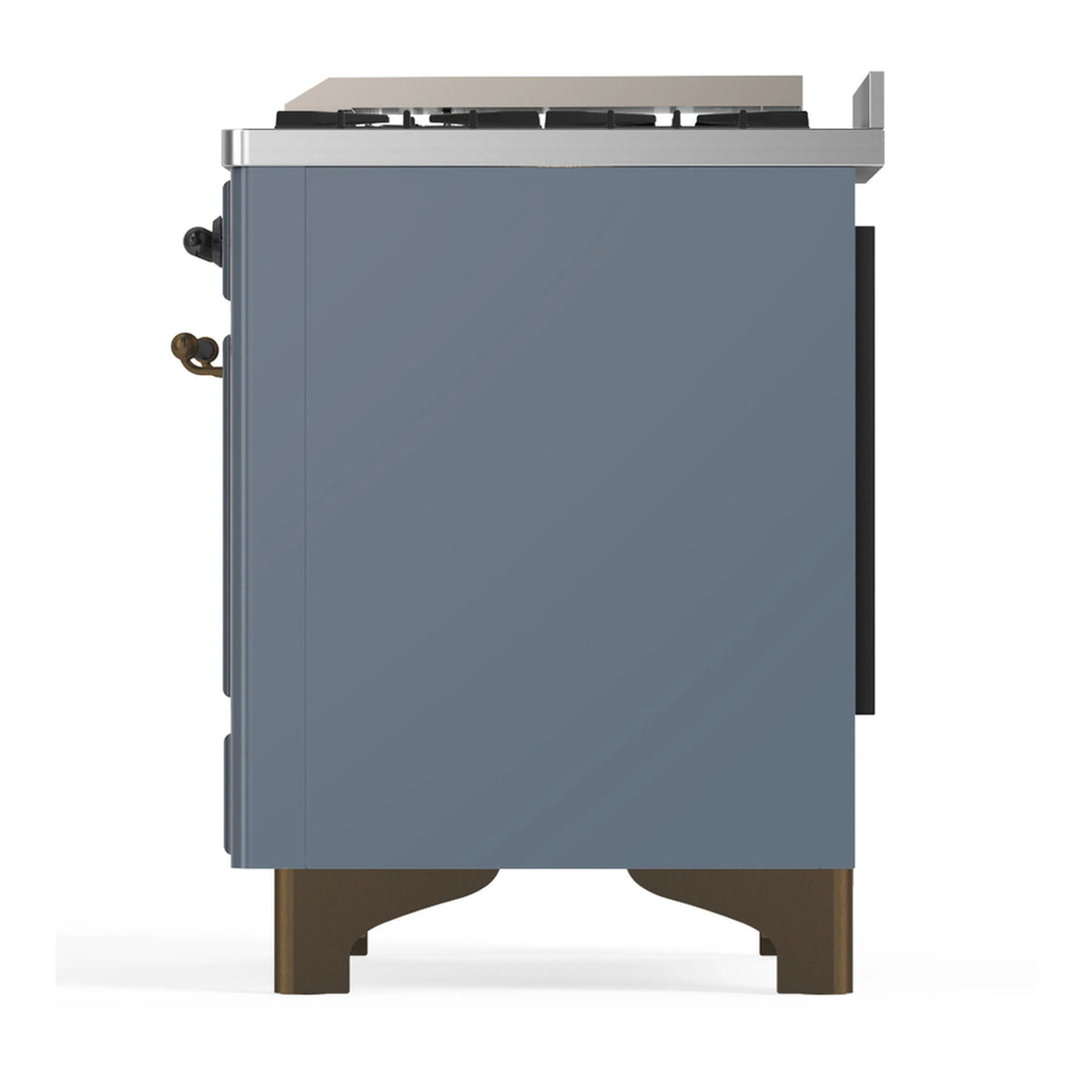 Blue grey dual fuel range back corner side view with side fittings