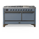 ILVE Majestic III 60-inch Dual Fuel Range with 7 Natural Gas Burner, Griddle and Solid Door Electric Oven in Blue Grey with Burnished Trim (UM60FQNR3BGB)