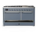 ILVE Majestic III 60-inch Dual Fuel Range with 5 Liquid Propane Burner, Griddle and Solid Door Electric Oven in Blue Grey with Chrome Trim (UM60FQNR3BGCLP)