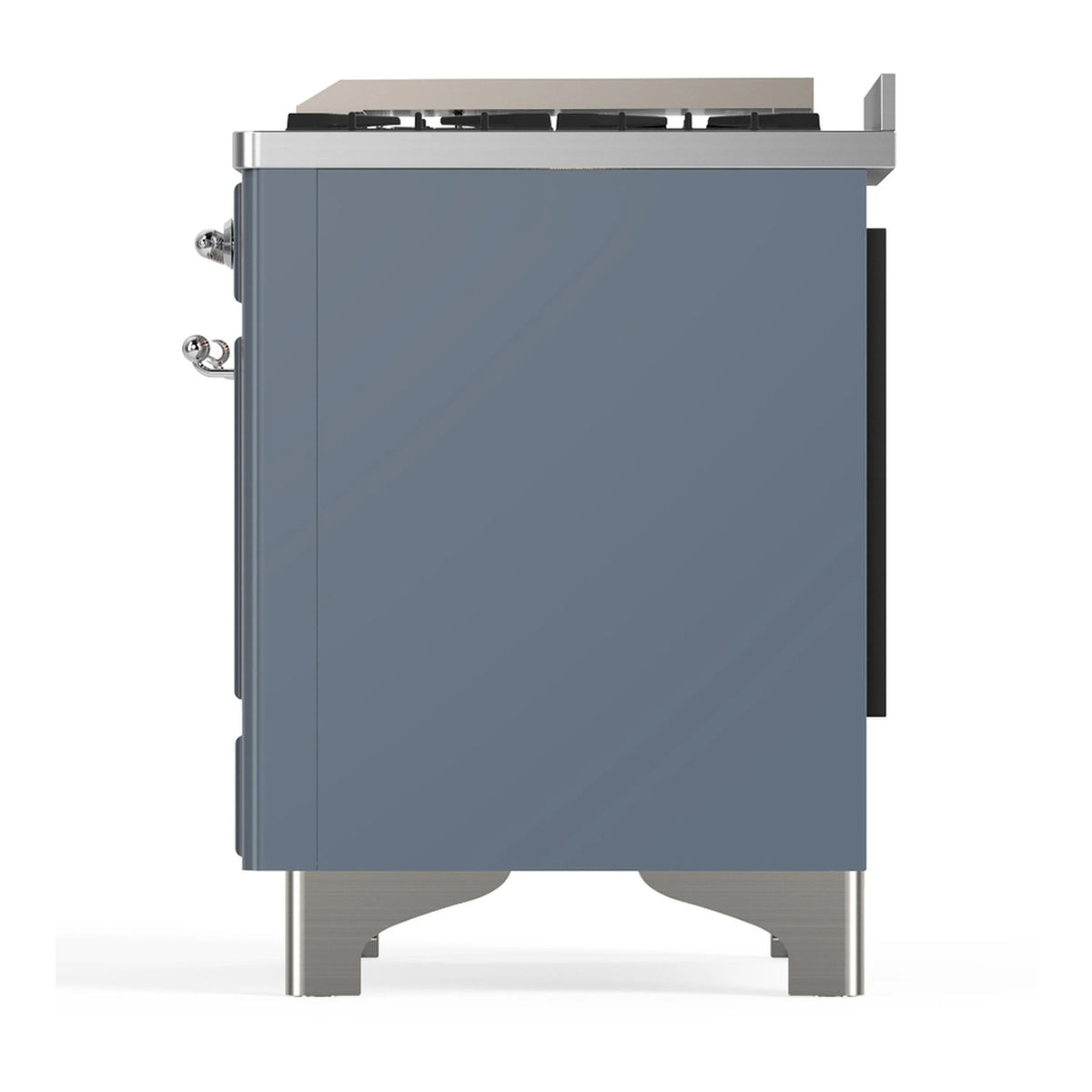 Blue-grey dual fuel range rear-side view with chrome handles and vented edges