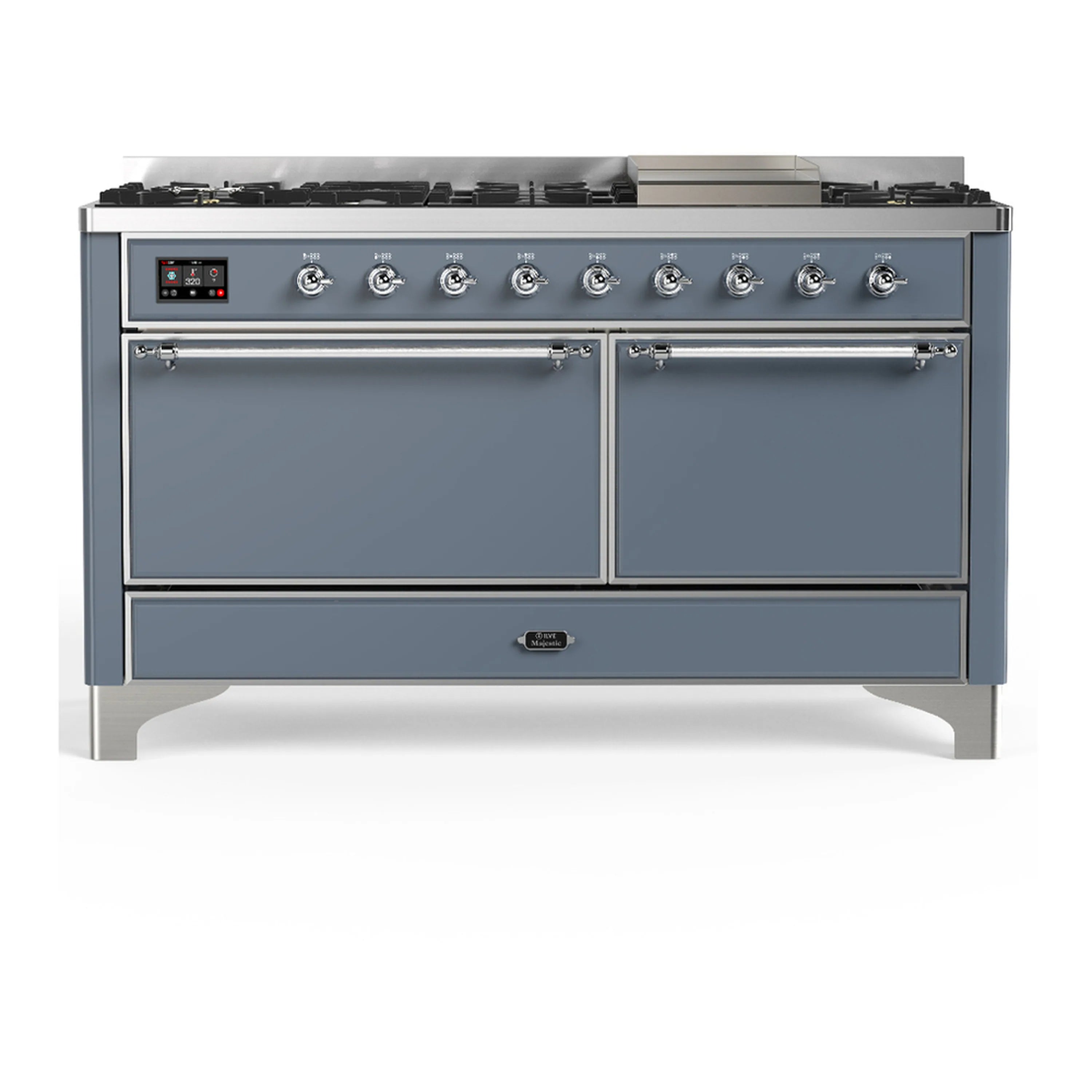 Blue-grey dual fuel range front view with two doors and control panel knobs