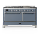 ILVE Majestic III 60-inch Dual Fuel Range with 5 Liquid Propane Burner, Griddle and Solid Door Electric Oven in Blue Grey with Chrome Trim (UM60FQNR3BGCLP)