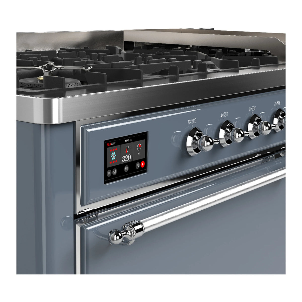 Blue grey dual fuel range control panel with chrome knobs and digital display