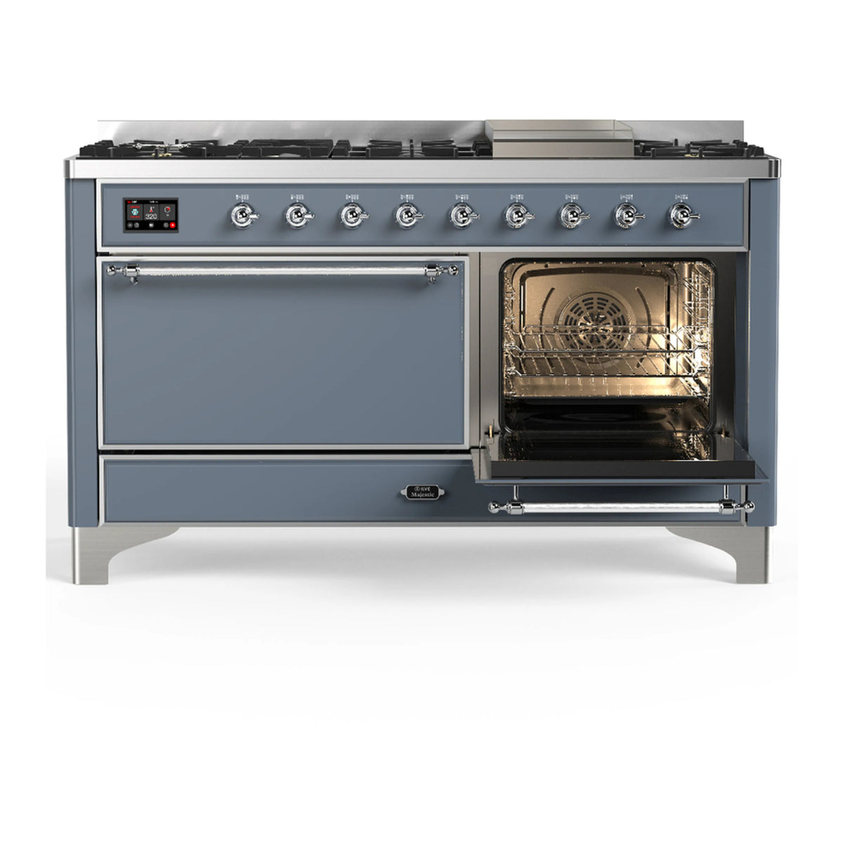 Blue grey dual fuel range with left oven door open, chrome handle, and control knobs