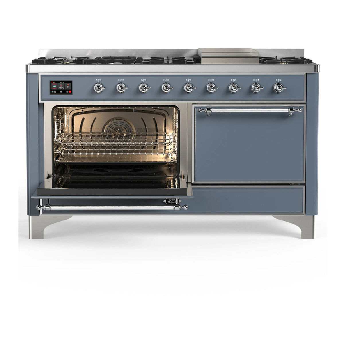 Blue grey dual fuel range with right oven door open, chrome handle, and control panel