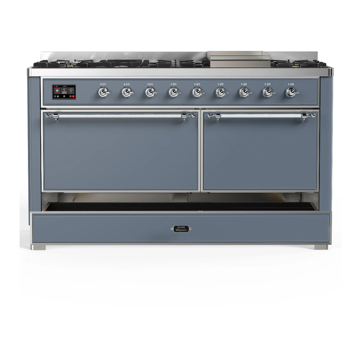 Blue grey dual fuel range with two closed oven doors and chrome trim