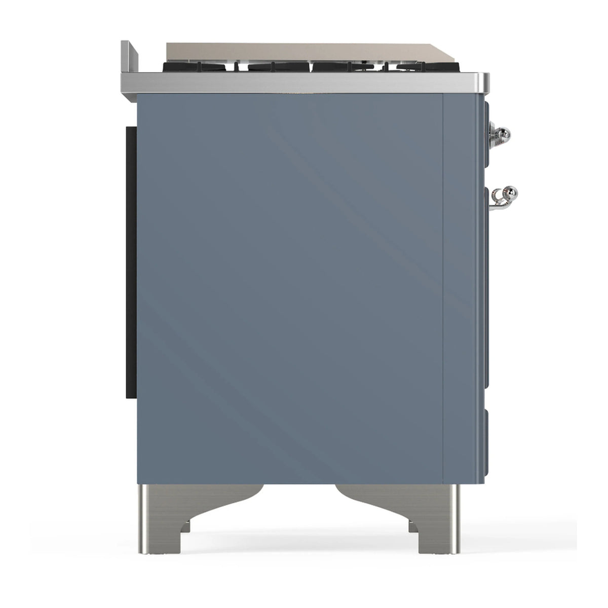 Side view of blue grey dual fuel range cabinet with chrome trim and side fittings