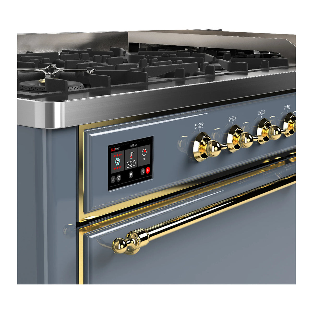 Blue grey dual fuel range front control panel with brass knobs and black burner grates