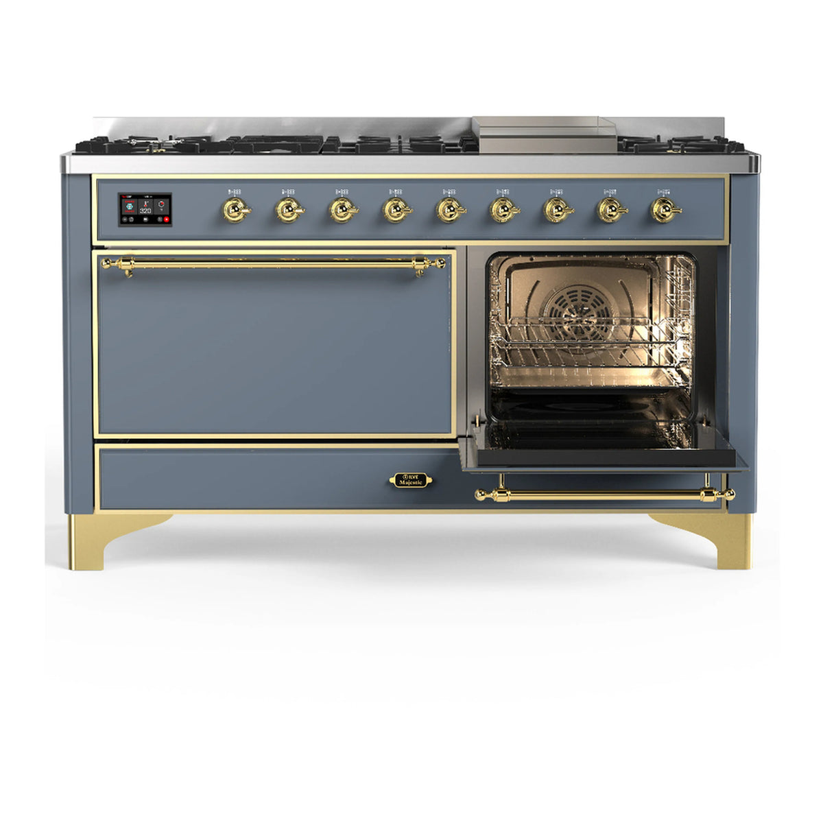 Blue grey dual fuel range with left solid door and right open oven chamber with rack
