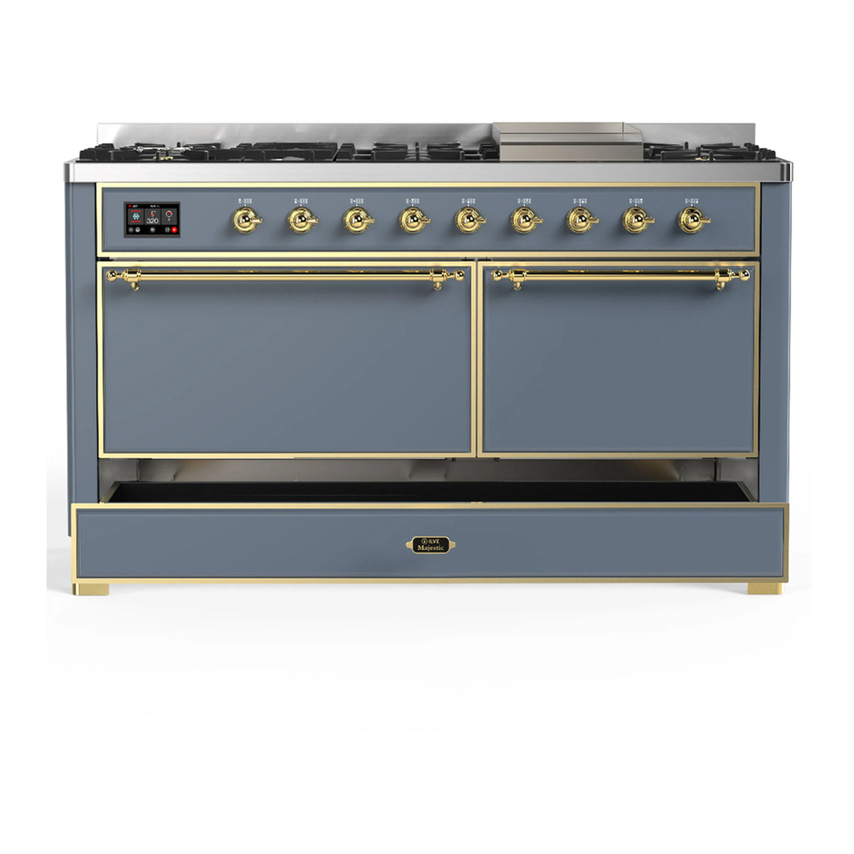 Blue grey dual fuel range with brass trim, two closed oven doors and bottom drawer