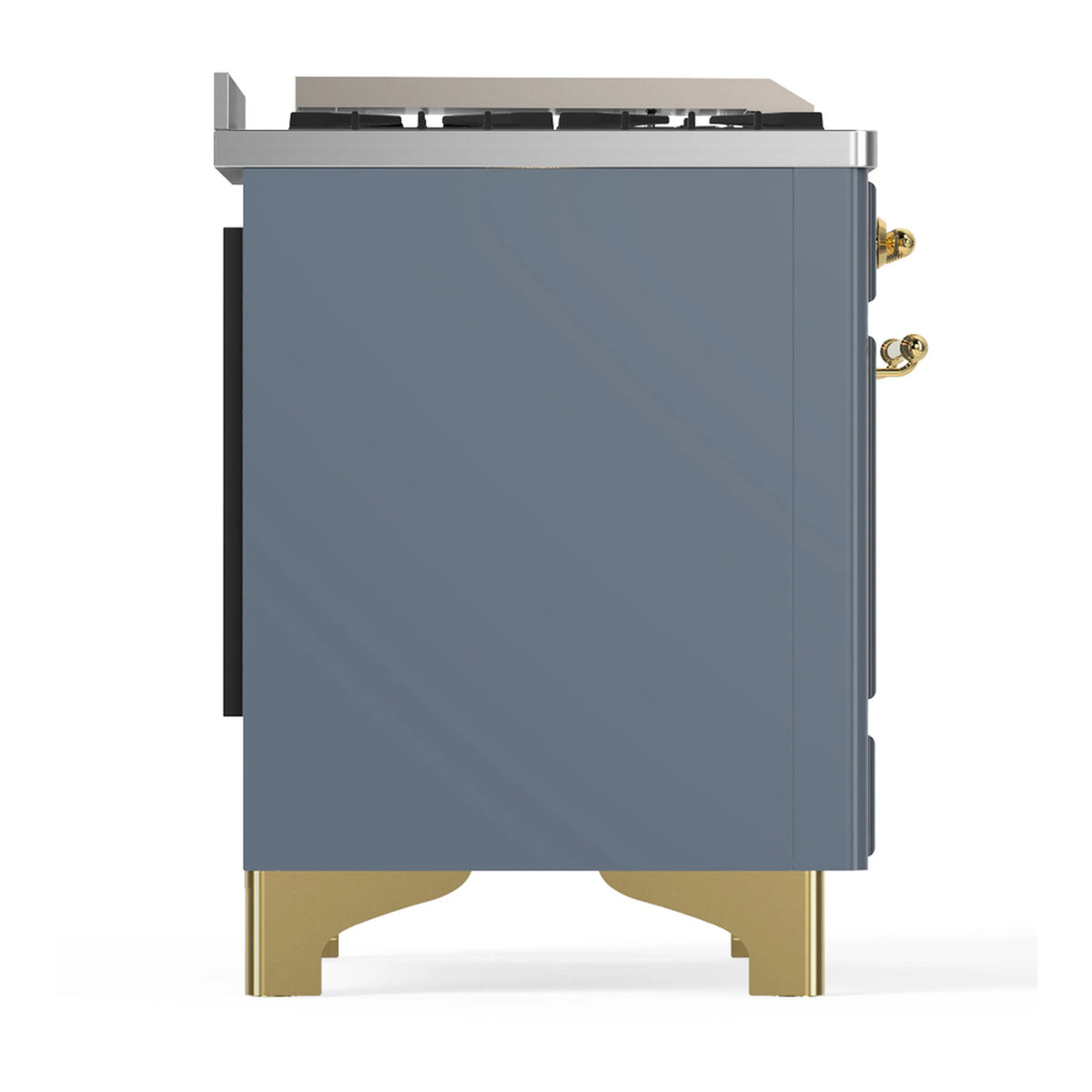 Blue grey dual fuel range side panel with brass trim and control knobs near rear