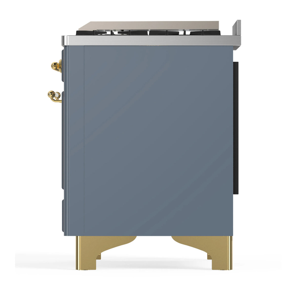 Blue grey dual fuel range side panel with brass trim and rear corner hardware