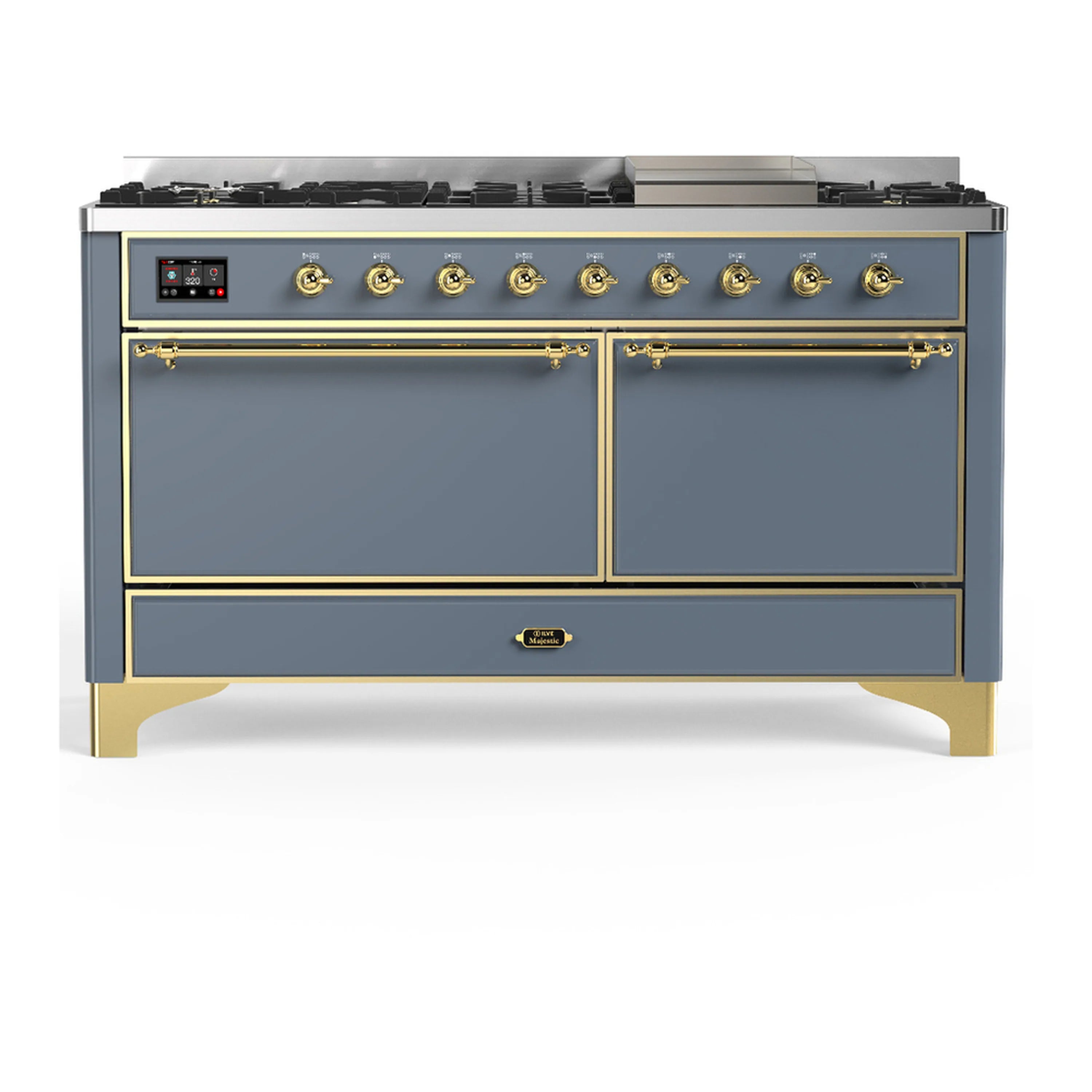 Blue grey dual fuel range front view with brass trim, closed oven doors and control panel