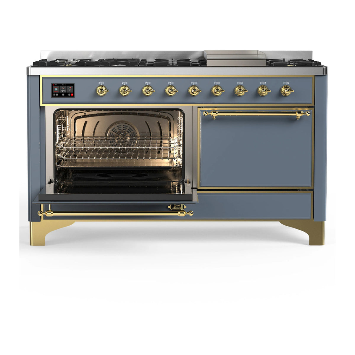 Blue grey dual fuel range with oven door open and roasting rack inside
