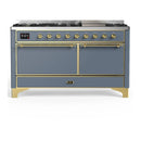 ILVE Majestic III 60-inch Dual Fuel Range with 7 Natural Gas Burner, Griddle and Solid Door Electric Oven in Blue Grey with Brass Trim (UM60FQNR3BGG)
