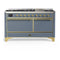 ILVE Majestic III 60-inch Dual Fuel Range with 7 Natural Gas Burner, Griddle and Solid Door Electric Oven in Blue Grey with Brass Trim (UM60FQNR3BGG)