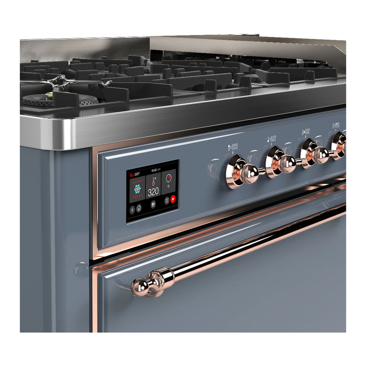 Blue grey dual fuel range with copper trim, black knobs, and control panel