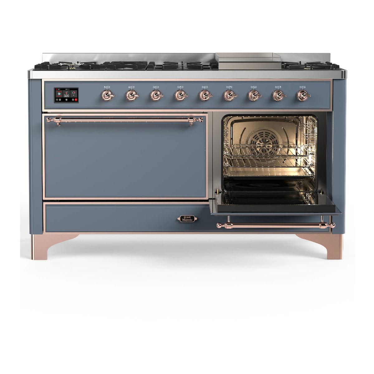 Blue grey dual fuel range with one oven door open and oven interior visible