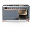 ILVE Majestic III 60-inch Dual Fuel Range with 5 Liquid Propane Burner, Griddle and Solid Door Electric Oven in Blue Grey with Copper Trim (UM60FQNR3BGPLP)