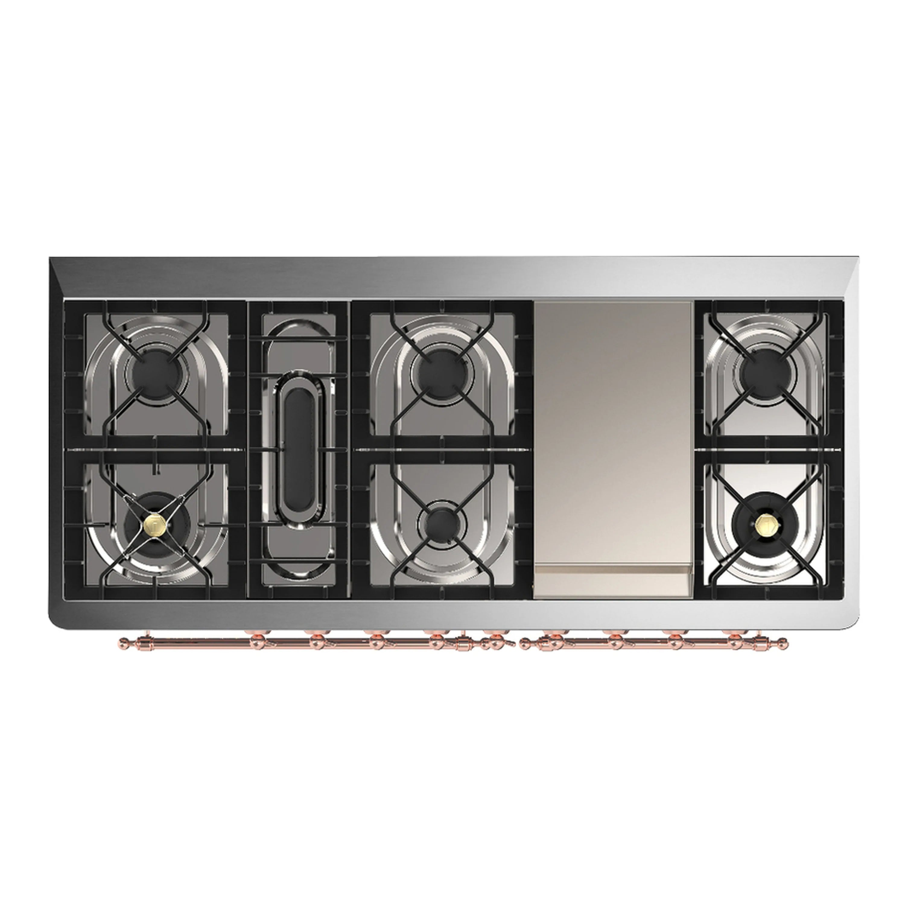 Dual fuel range cooktop with cast-iron grates and four visible burner heads