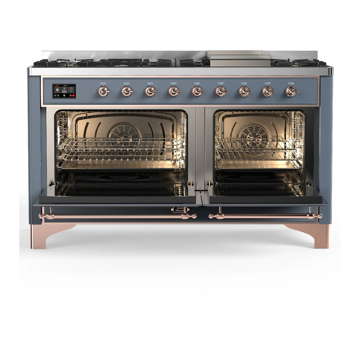 ILVE dual fuel range with both oven doors open, showing wire racks and interior