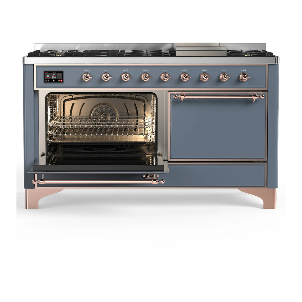 ILVE dual fuel range with left oven door open and right oven door closed