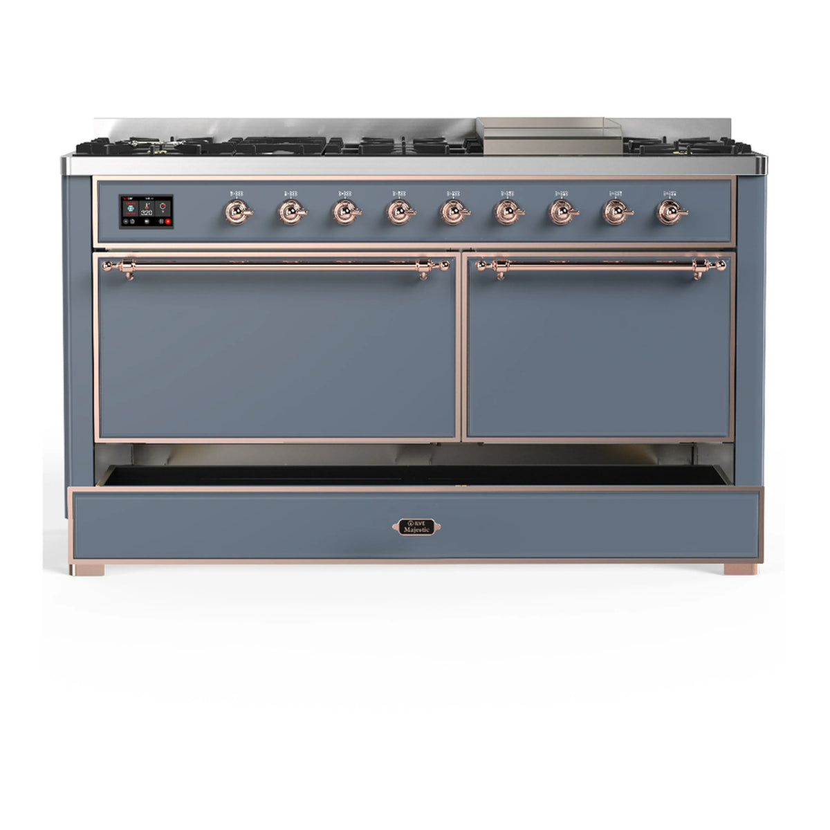 ILVE dual fuel range with both front oven doors closed and lower drawer closed