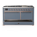 ILVE Majestic III 60-inch Dual Fuel Range with 7 Natural Gas Burner, Griddle and Solid Door Electric Oven in Blue Grey with Copper Trim (UM60FQNR3BGP)
