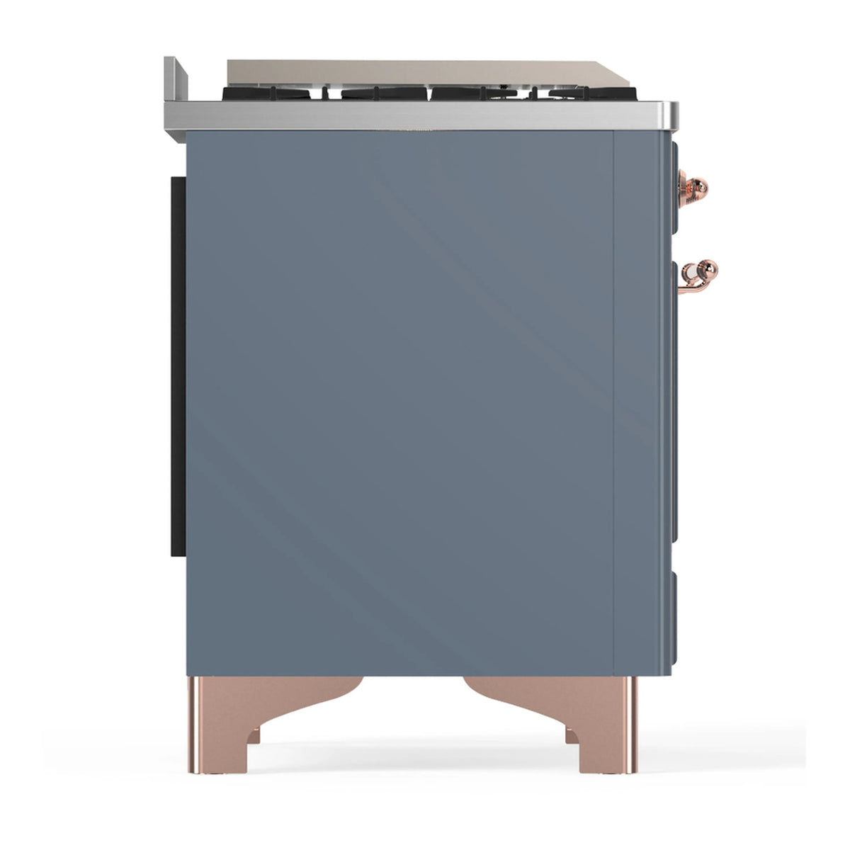 ILVE blue grey dual fuel range side panel with copper accents and control edge
