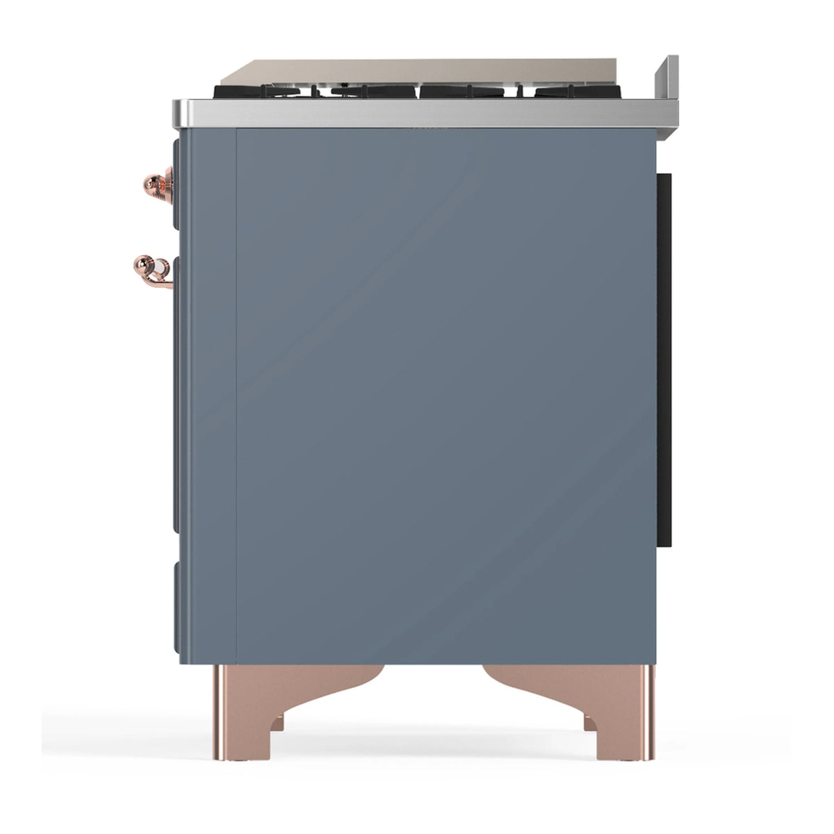 ILVE blue grey dual fuel range rear side view with copper handle details