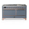 ILVE Majestic III 60-inch Dual Fuel Range with 7 Natural Gas Burner, Griddle and Solid Door Electric Oven in Blue Grey with Copper Trim (UM60FQNR3BGP)