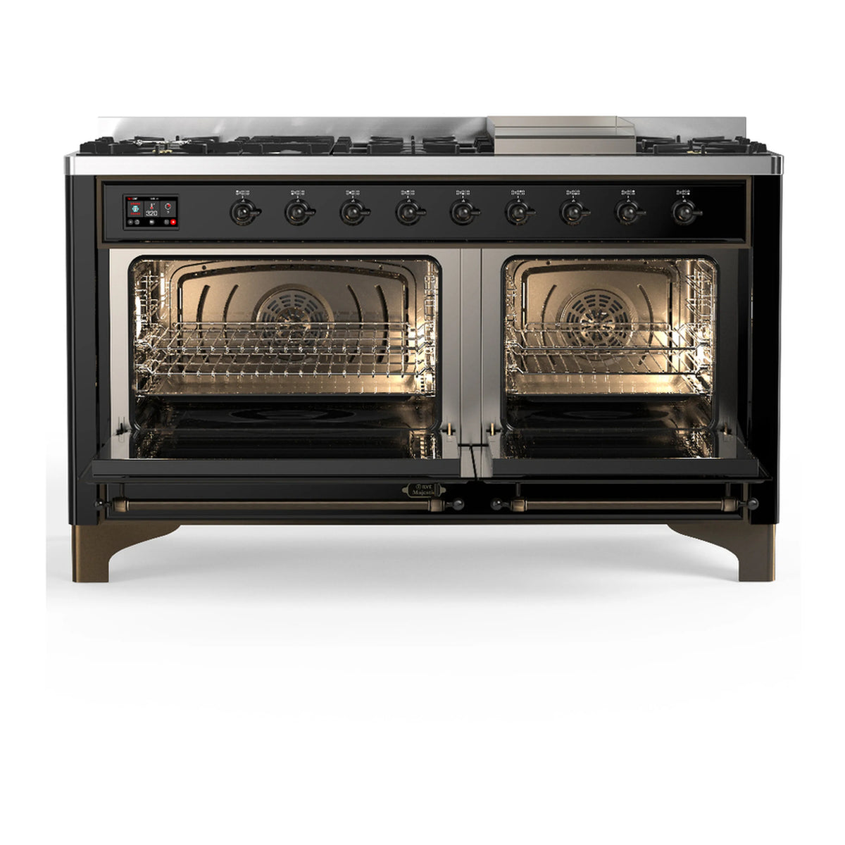 Dual fuel range with both oven doors open, showing racks and lit interior