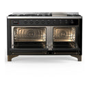 ILVE Majestic III 60-inch Dual Fuel Range with 5 Liquid Propane Burner, Griddle and Solid Door Electric Oven in Glossy Black with Burnished Trim (UM60FQNR3BKBLP)