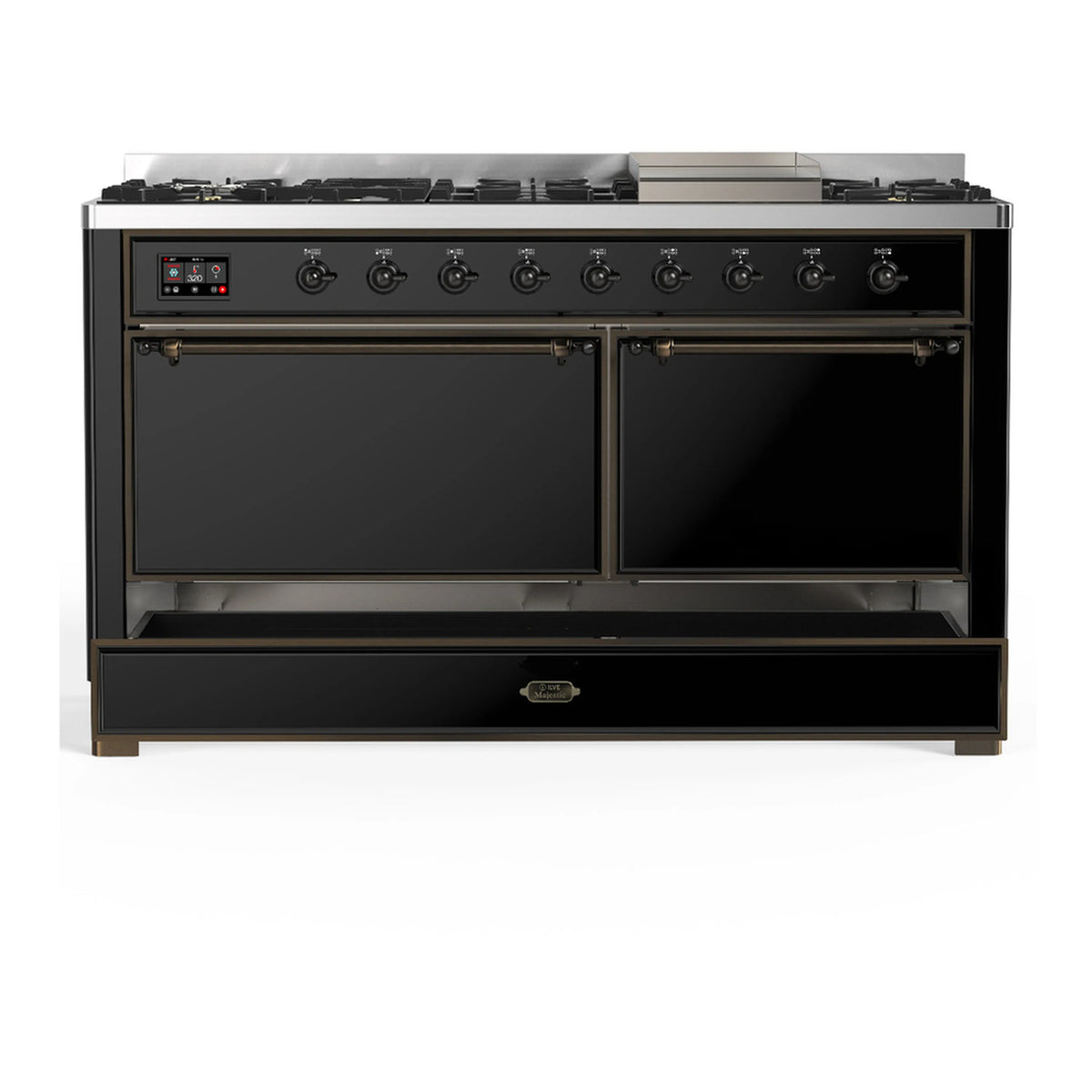 Dual fuel range with double oven doors closed in glossy black with brass trim