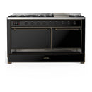 ILVE Majestic III 60-inch Dual Fuel Range with 5 Liquid Propane Burner, Griddle and Solid Door Electric Oven in Glossy Black with Burnished Trim (UM60FQNR3BKBLP)