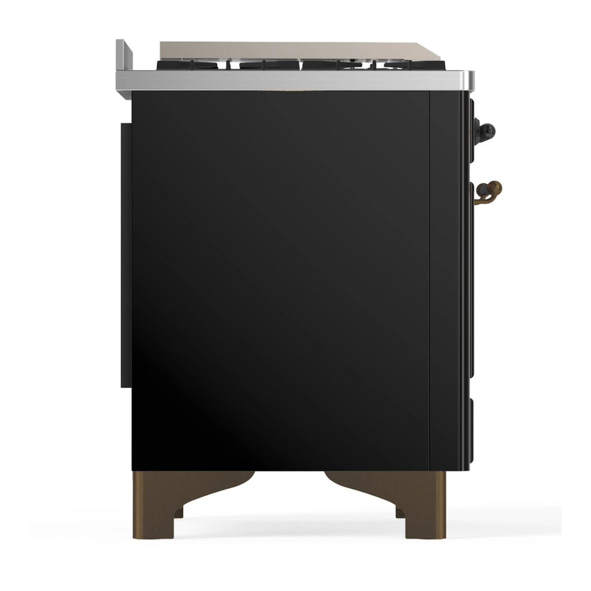 Dual fuel range side view with glossy black cabinet and brass base feet