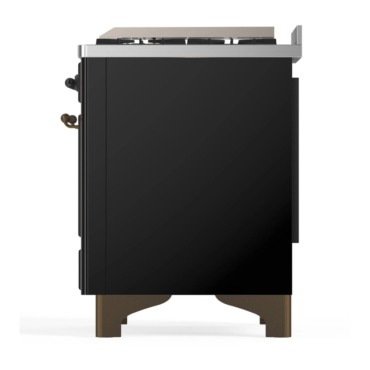 Dual fuel range angled rear-side view with glossy black doors and brass trim