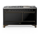 ILVE Majestic III 60-inch Dual Fuel Range with 5 Liquid Propane Burner, Griddle and Solid Door Electric Oven in Glossy Black with Burnished Trim (UM60FQNR3BKBLP)