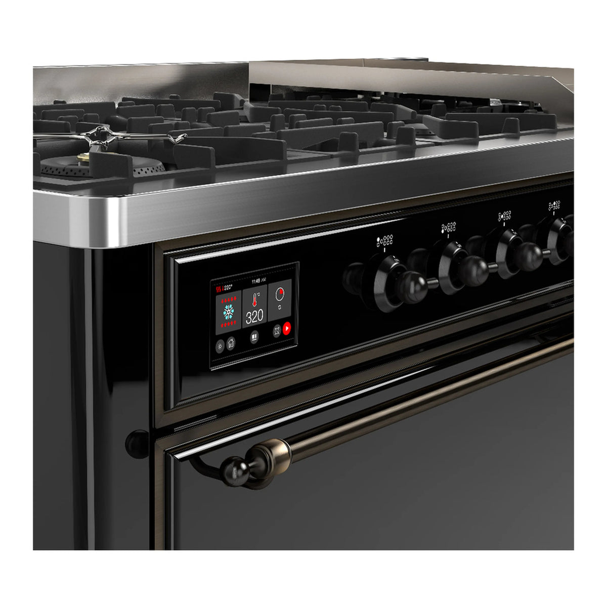 Glossy black dual fuel range control panel with burner knobs and display, burnished trim