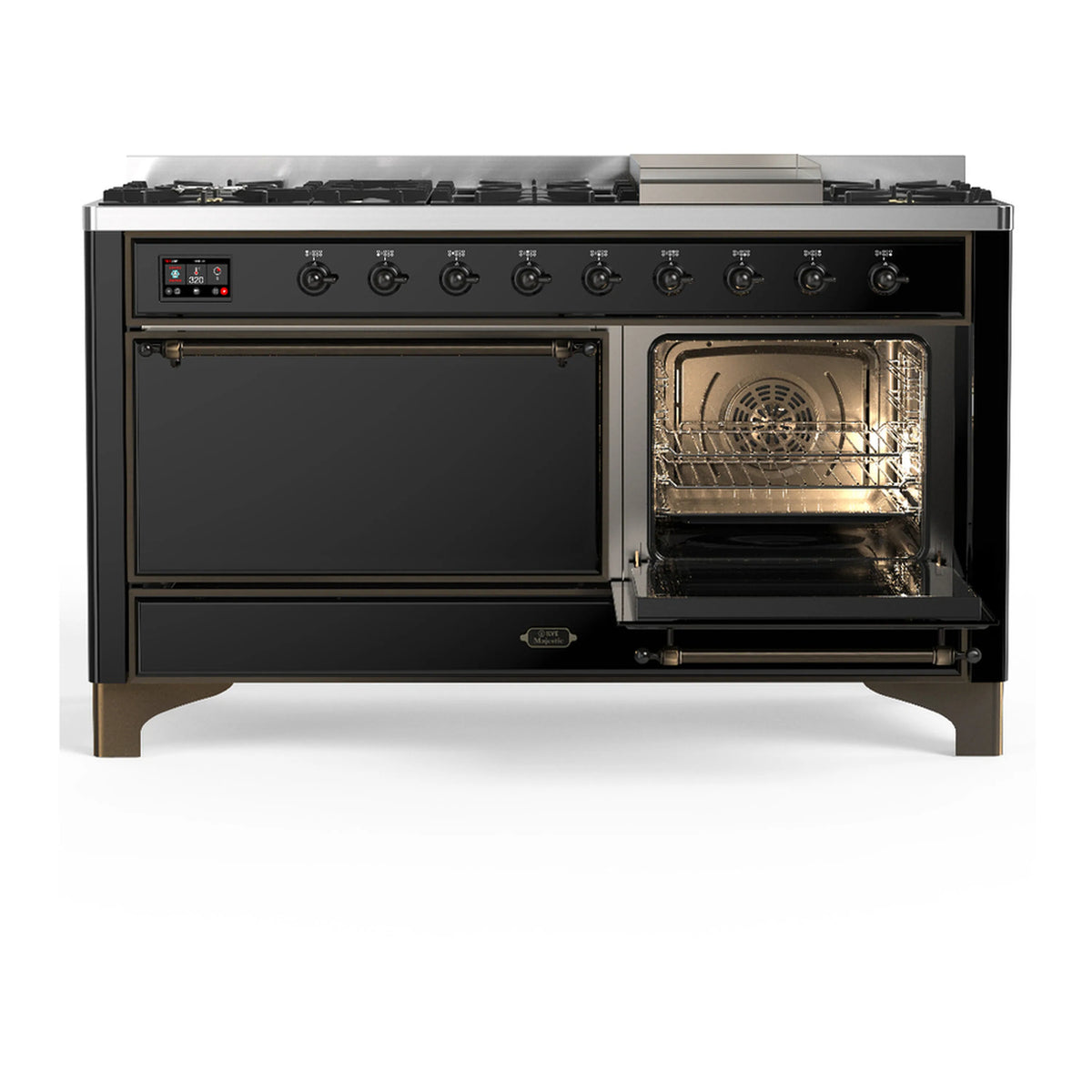Glossy black dual fuel range with one oven door closed and the other open to interior racks