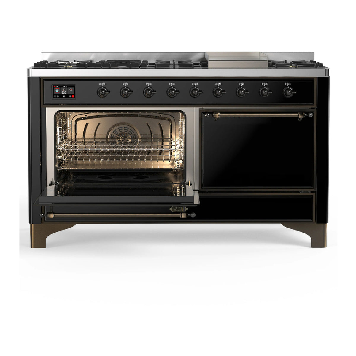 Glossy black dual fuel range with right oven door open and left oven door closed