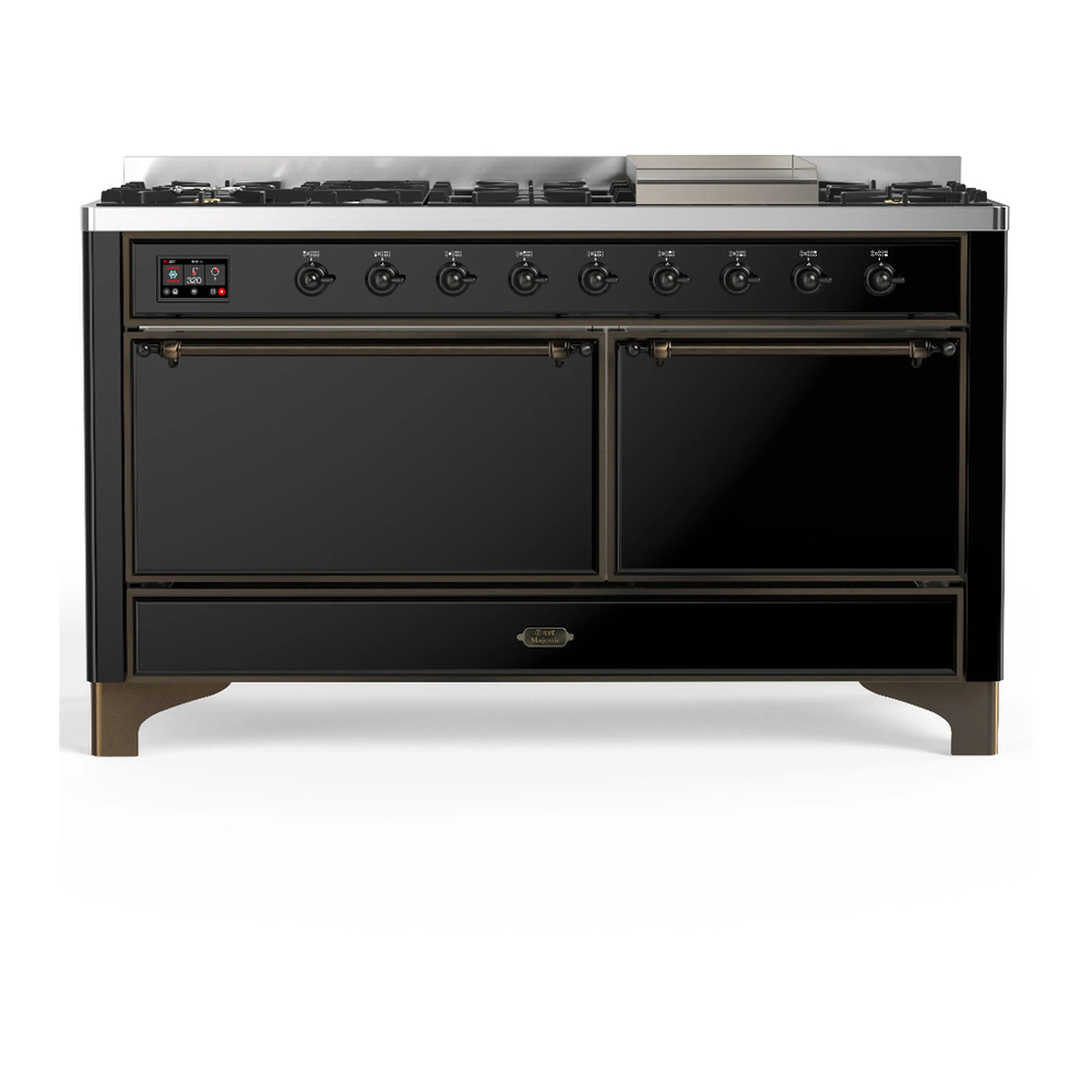 Glossy black dual fuel range front view with closed oven doors and burner-control area