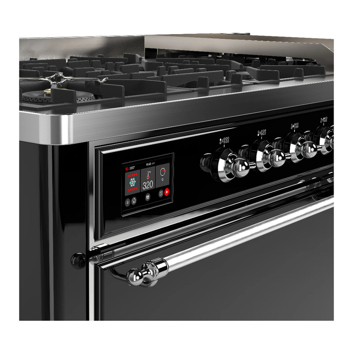 Glossy black dual fuel range control panel with chrome knobs and digital display