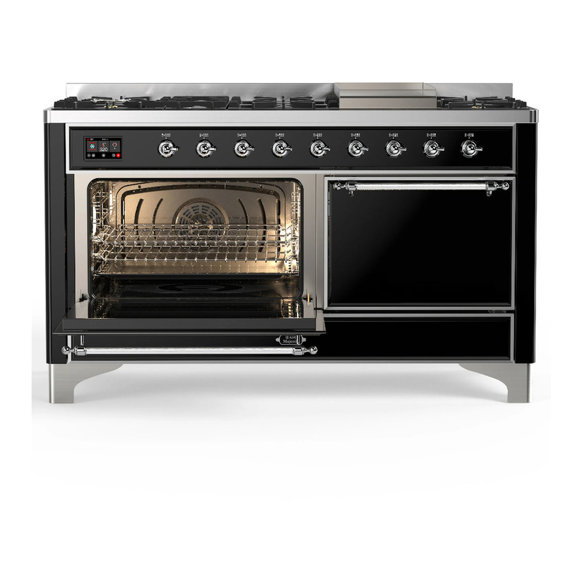 Glossy black dual fuel range with right oven door open, left door closed