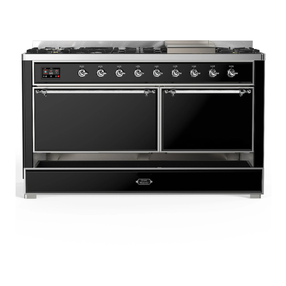 Glossy black dual fuel range with both oven doors closed and chrome trim