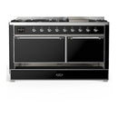 ILVE Majestic III 60-inch Dual Fuel Range with 5 Liquid Propane Burner, Griddle and Solid Door Electric Oven in Glossy Black with Chrome Trim (UM60FQNR3BKCLP)