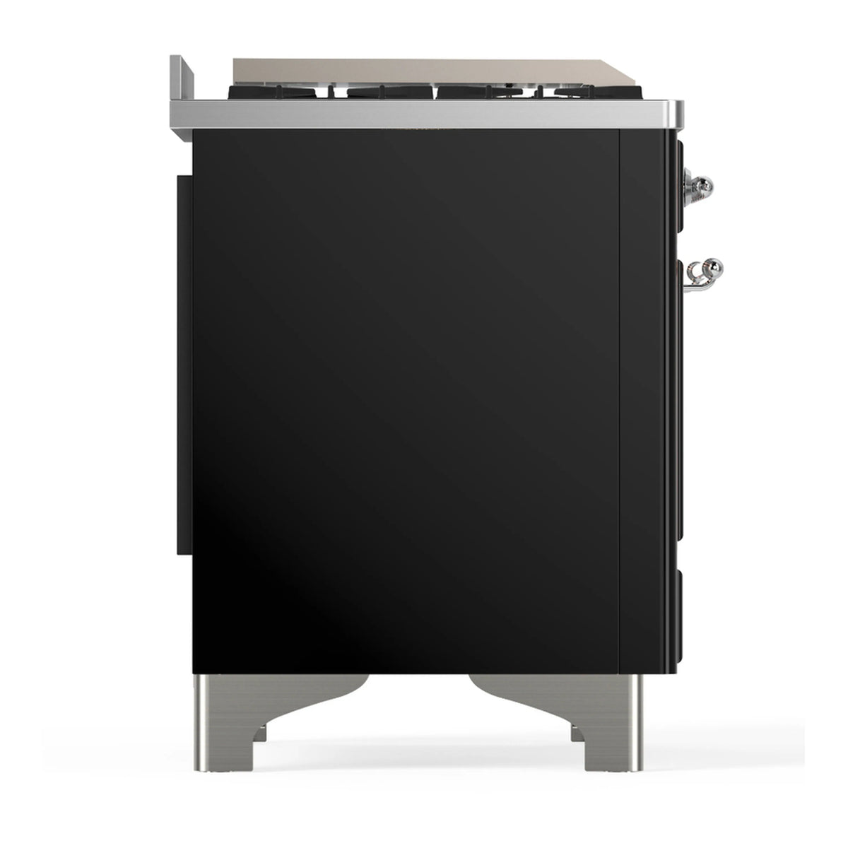 Glossy black dual fuel range side view with stainless feet and chrome handle